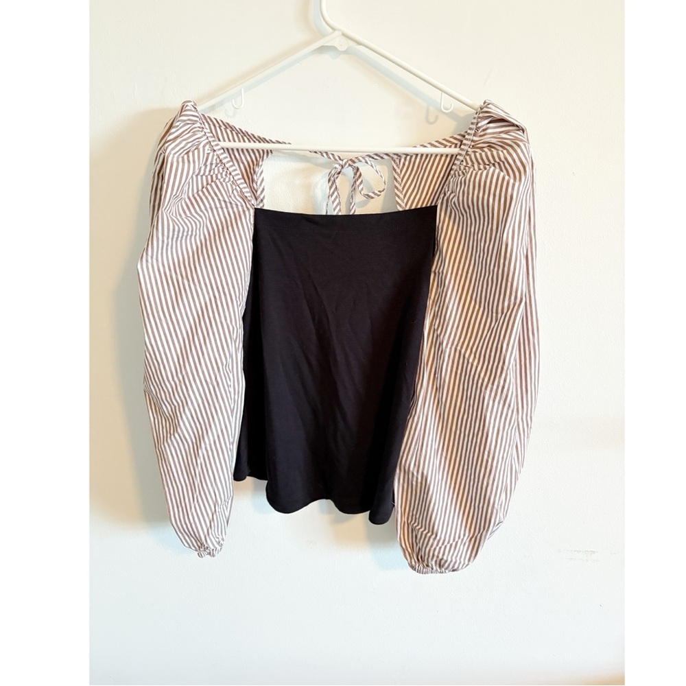 Anthropologie Black Neutral Striped Mixed Media‎ Top